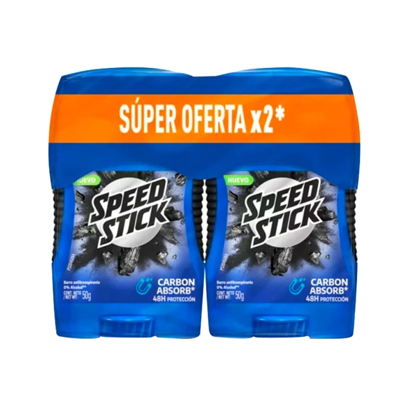 Desodorante Speed Stick Men Carbon Absorb en barra de 50 gr en empaque de 2 unidades