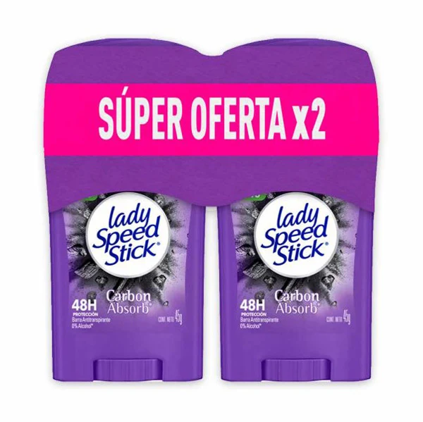 Desodorante Lady Speed Stick Carbón Absorbente en barra de 45 gr por 2 unidades