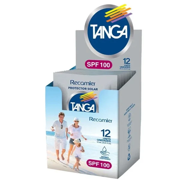 Bloqueador Tanga SPF 100 en display de 12 sobres