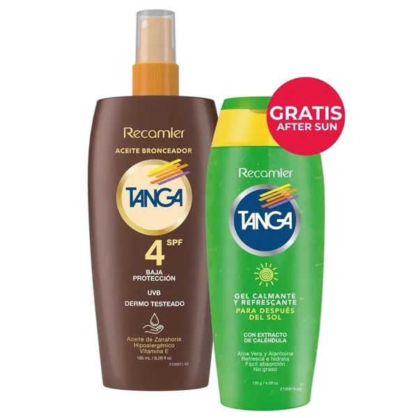 Bronceador Tanga aceite SPF 4 de 185 ml + Gel After Sun de 130 ml
